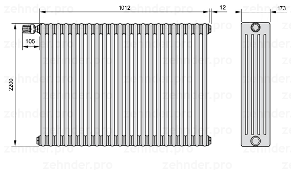 Схема (чертеж) Радиатор Zehnder Charleston 5220/22 №V012 Белый глянцевый RAL 9016